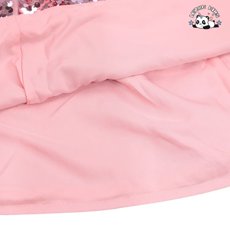 LEZONKIDS - Saia rosa plissada de verão personalizável OEM com lantejoulas brilhantes Saia curta fofa para meninas de 2 a 14 anos